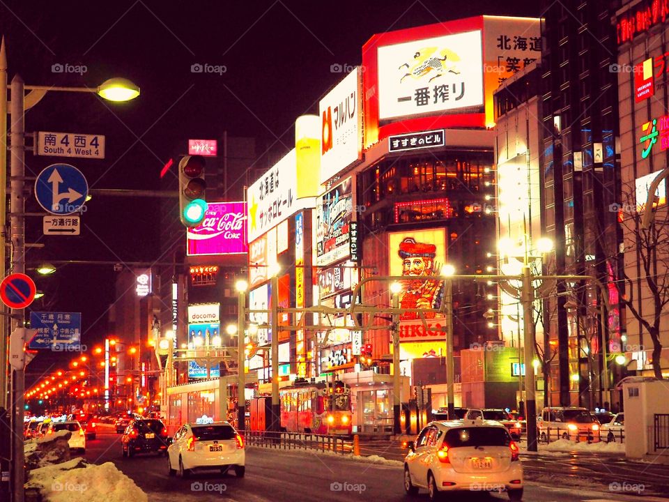 Sapporo city streets in the night time.