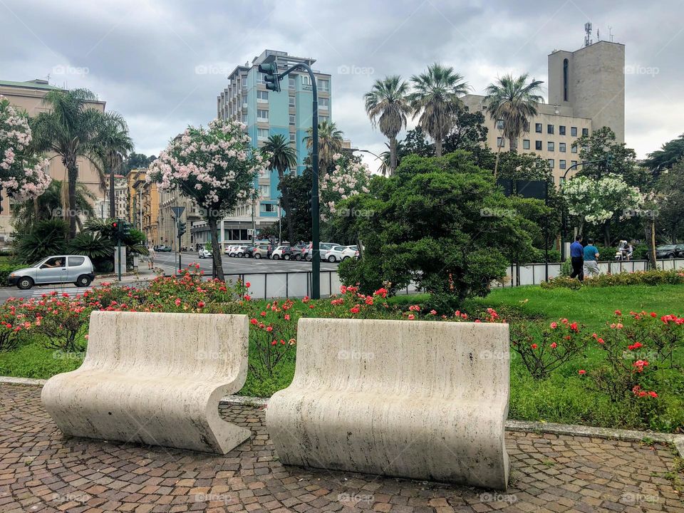 Special curved designed concrete park benches in La Spezia, Italy