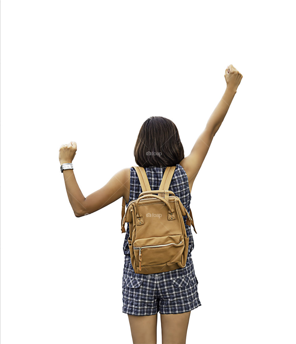 The image behind the woman raise their arms and shoulder backpack on a white background with clipping path.