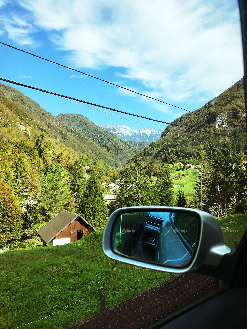 Our road train trip to the Slovenian Alps mountains in october 2020. Travel concept.