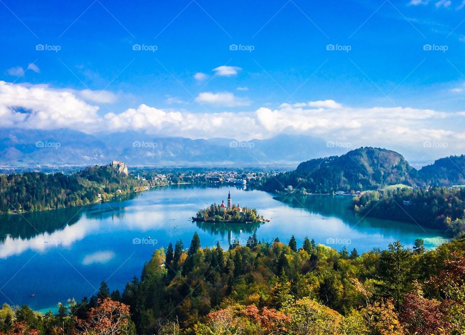 Aerial view of Lake Bled in Slovenia