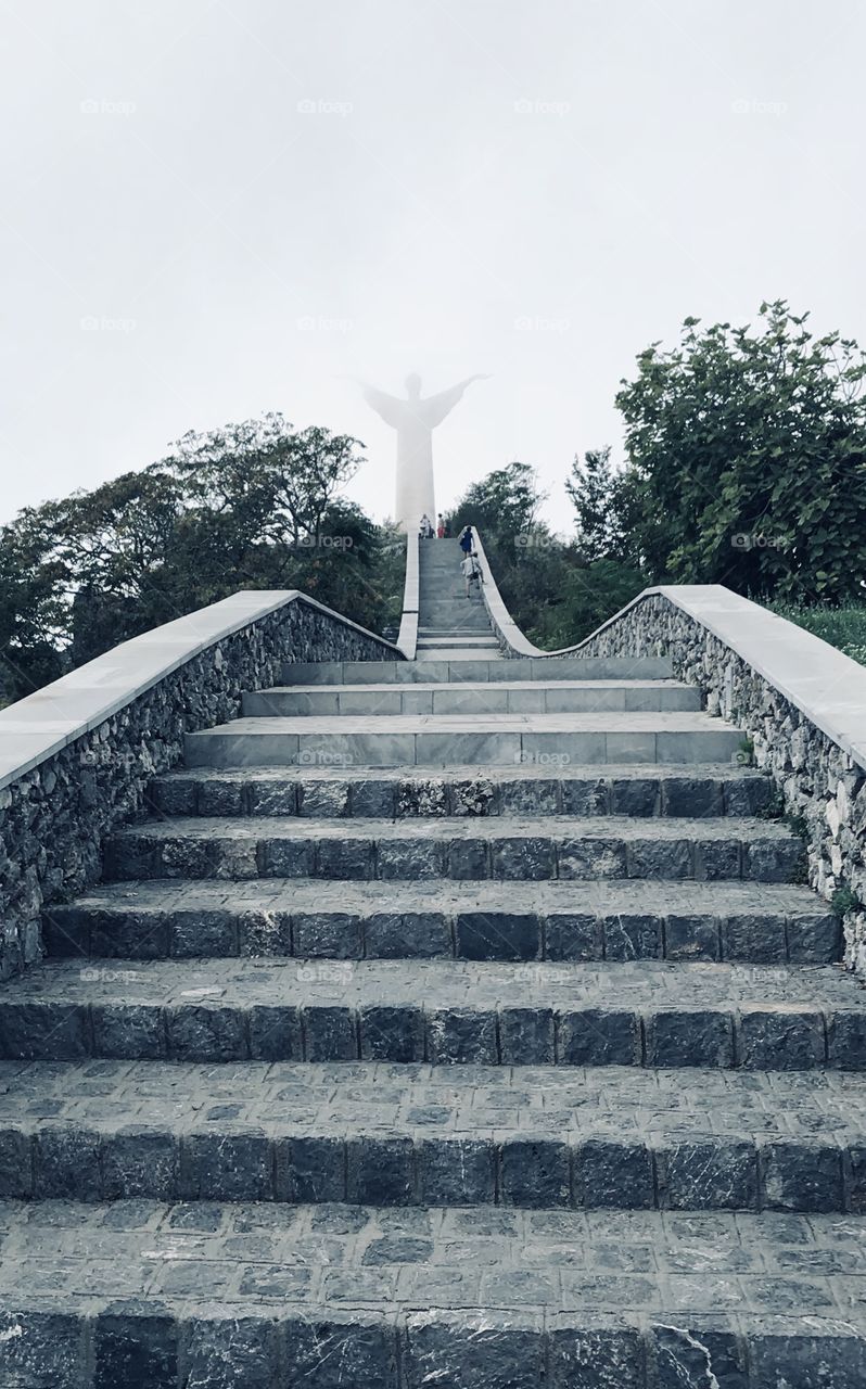 Staircase to the Cristo di Maratea - Christ of Maratea - on a foggy day.. 