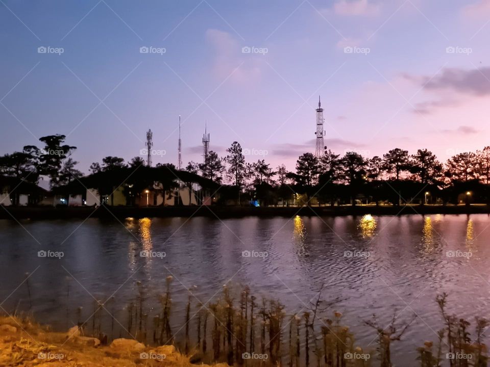 Multiverse: Urban Landscape.  In the background, a sequence of telecommunication towers, trees and lampposts reflecting the lights on the lake.  The front is a sequence of vegetation by the lake.
