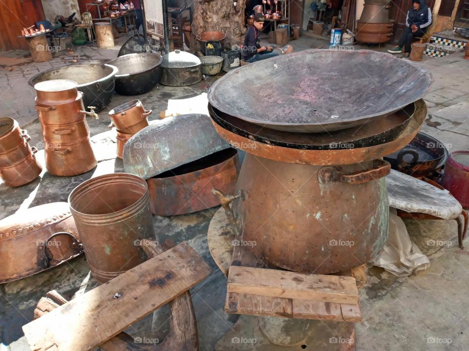 Copper pots at the place Saffarine in fes city/morocco