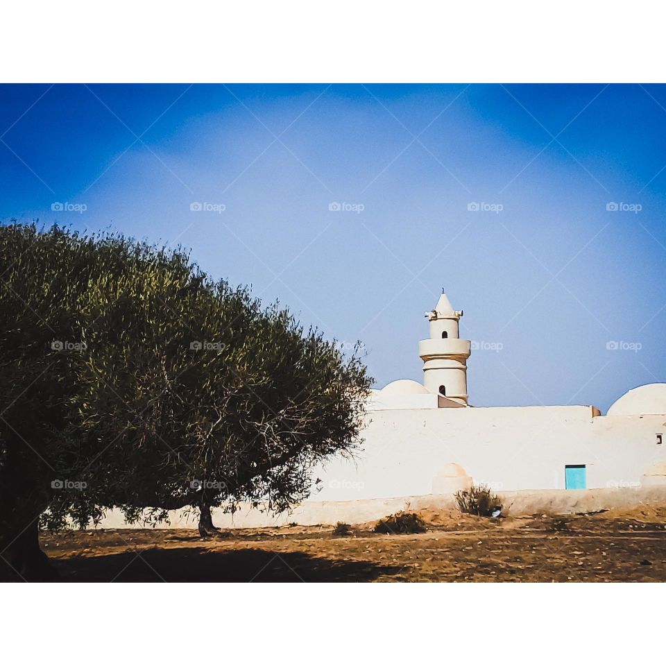 A picture of the El-Bassi Mosque on the island of Djerba. It is adorned with its cylindrical silo surrounded by olive fields.
It is considered an important historical landmark in Djerba