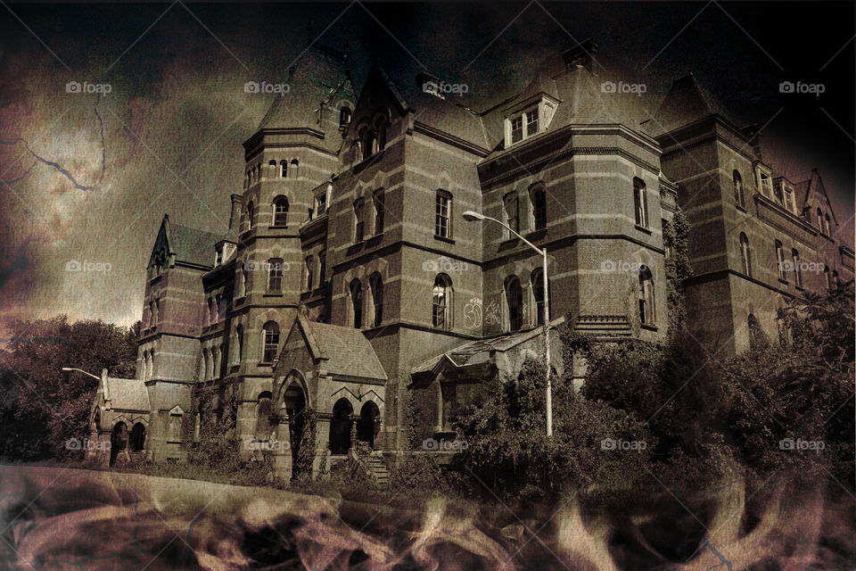 Abandon insane asylum. Abandon insane asylum in NY photo shop to give it a creepy postcard look