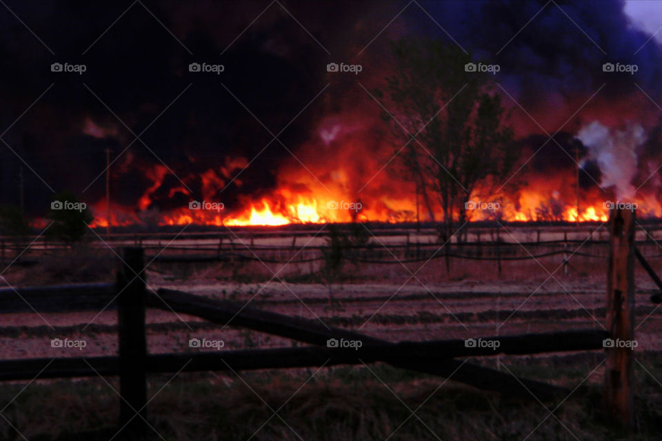 Wildfire with fence and trees in foreground 