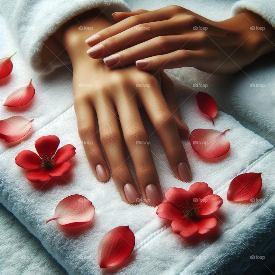 Nature’s Touch
a woman’s gentle hand stretches out, offering a beautiful contrast against the white towel backdrop.
