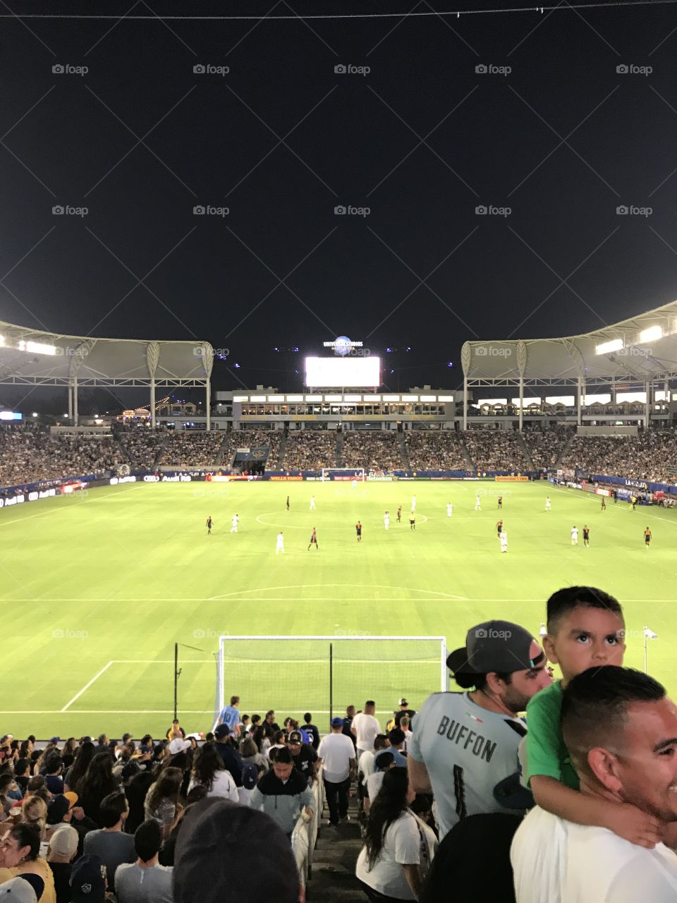 View from the Los Angeles Galaxy supporters section behind the goal at Stub Hub Center in Carson, CA. 