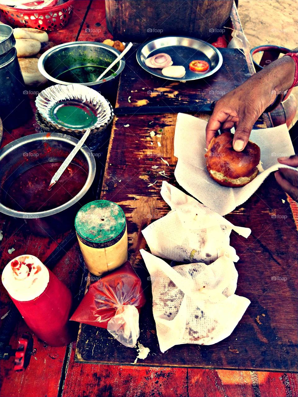 Food that can be quickly and easily and is sold in restaurants and snack bars as a quick meal or to be taken out.