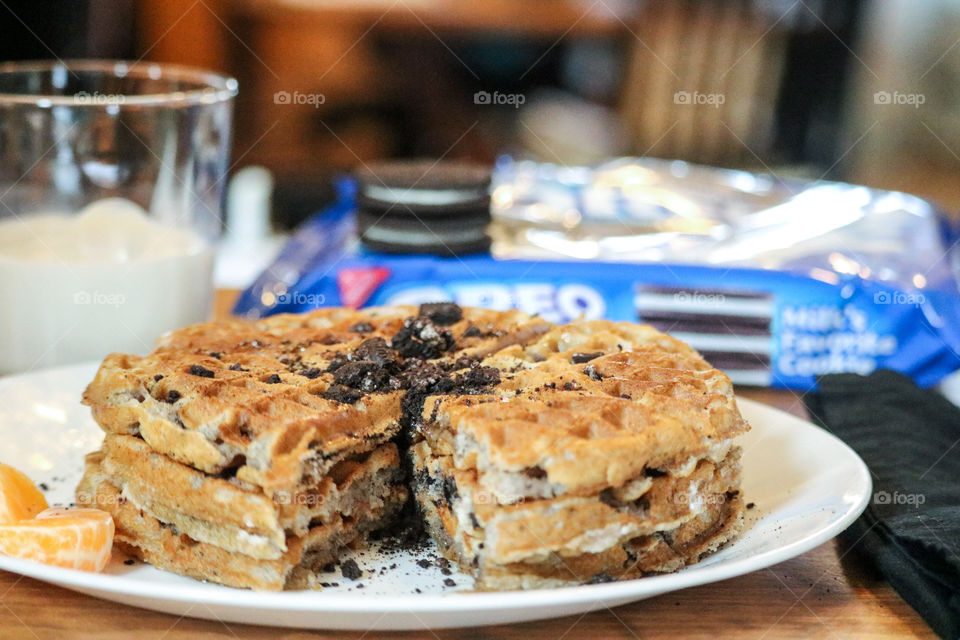 Delicious stack of Oreo waffles 