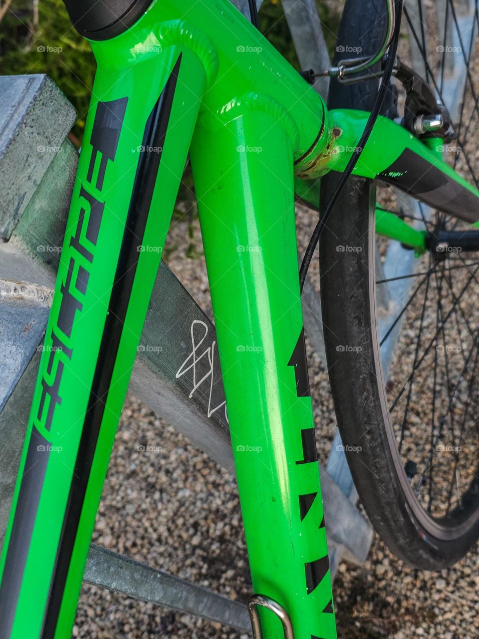 Vintage electric green bicycle along a fence