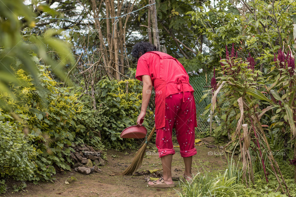 A lady in red busy in cleaning the backyard, kitchen garden area.