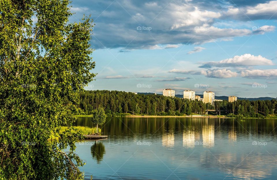 Reflection of buildings in lake