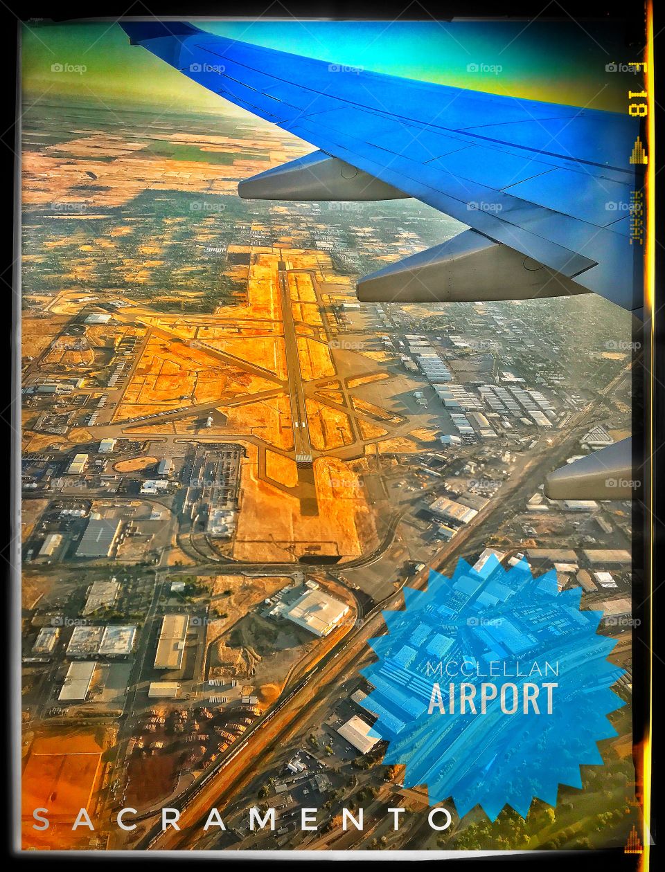 Airport aerial view with airplane wings