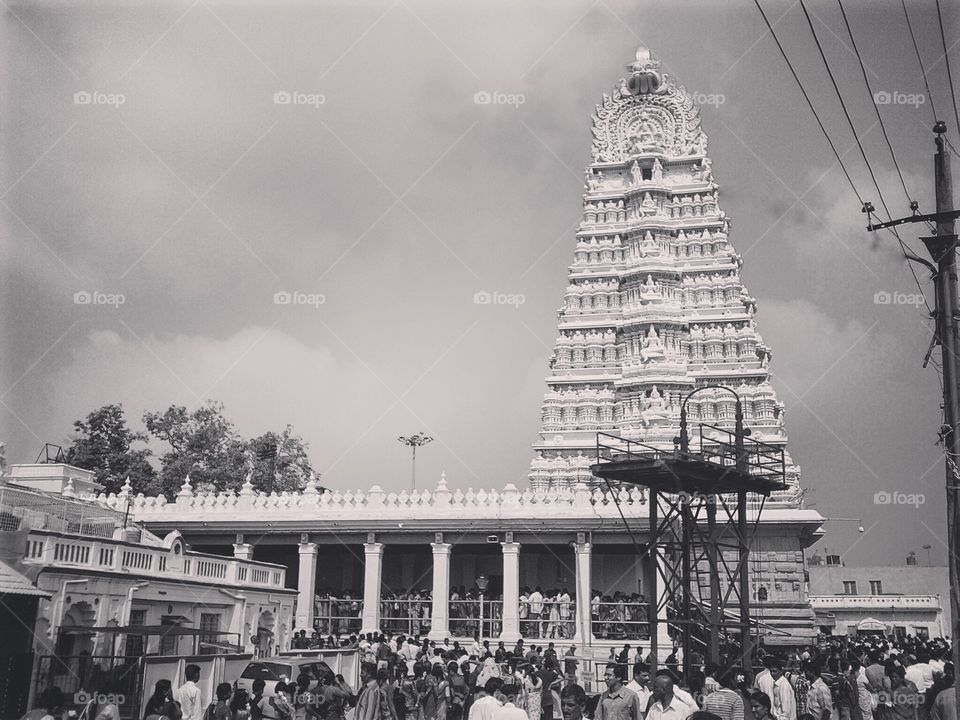 Hindu chamundeswari temple in mysore with black and white photography