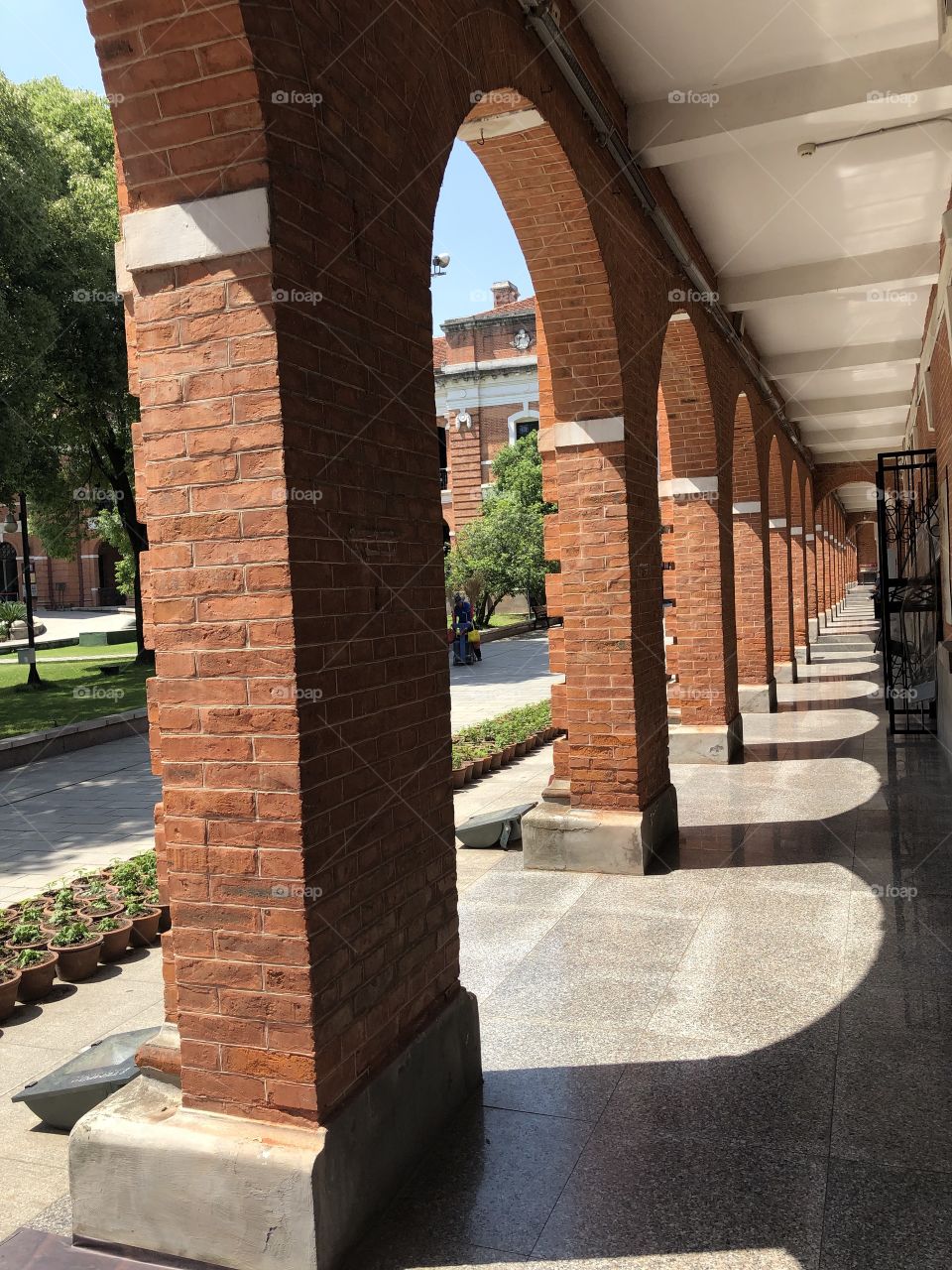 Corridor of red brick building 