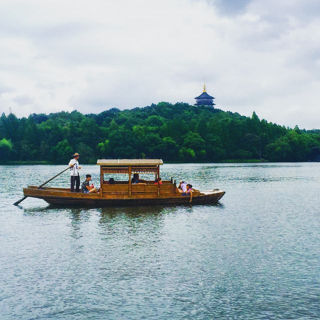 Rowing boat on a lake. Pleasure boat on West Lake in Hangzhou, China