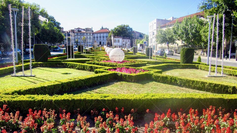 Urban square decorated with plants and flowers