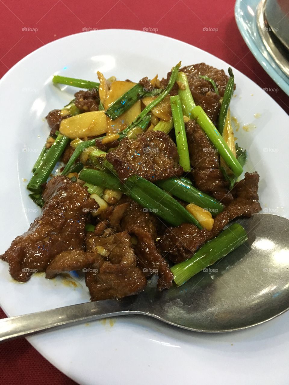 Fried venison with spring onions 