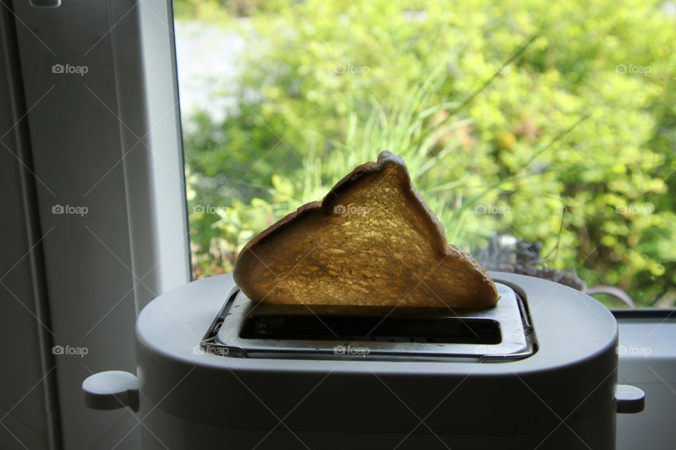 Toast in the toaster on the window sill with a view of nature
