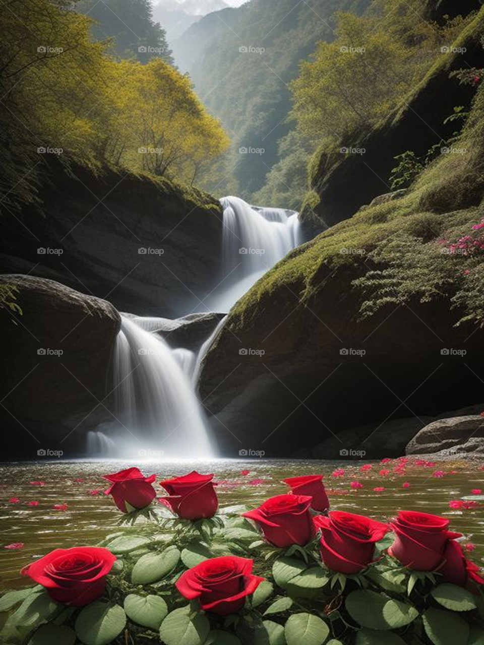 Beautiful red roses next to a waterfall