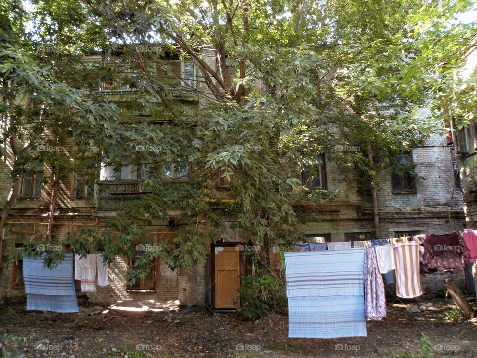 Drying clothes in an old courtyard in Podil in Kiev