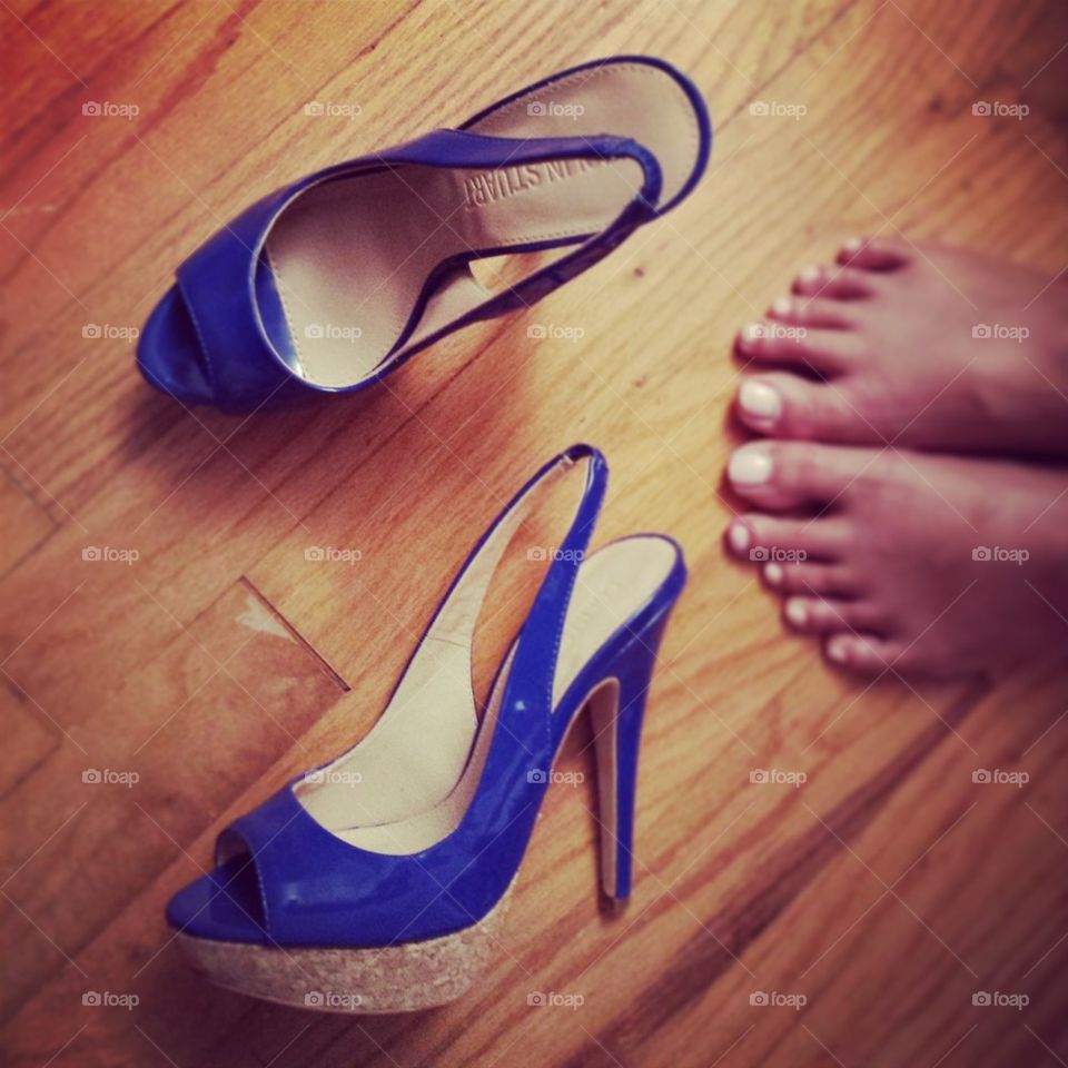 blue high heels and feet