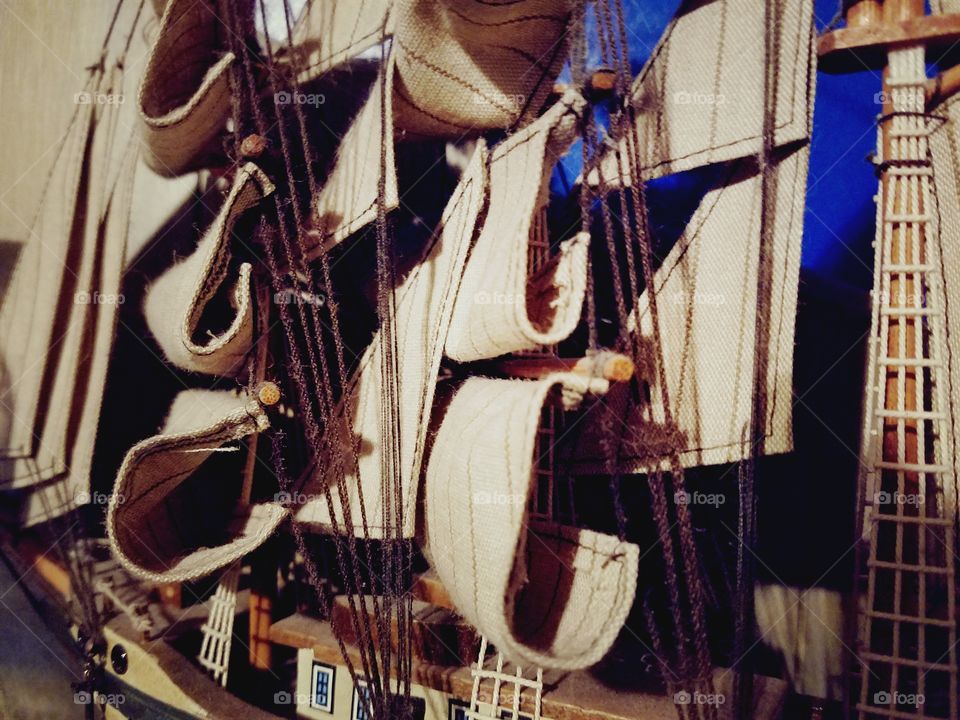 model ship close-up of sails