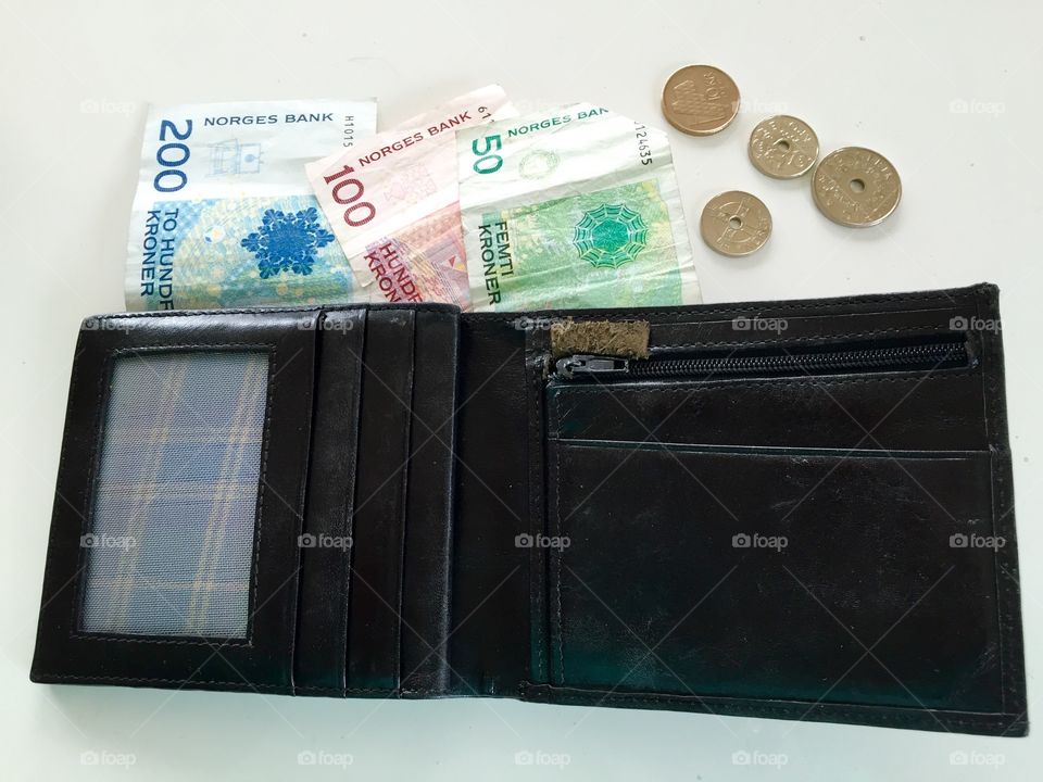 Norwegian Money. Wallet with Norwegian coins and bills. 