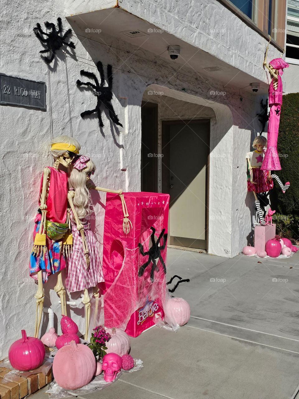 Cute and creative fall Halloween decorations in San Francisco California based on the Barbie and Ken dolls adorning a home, with vibrant pink adorned skeletons and pumpkins 