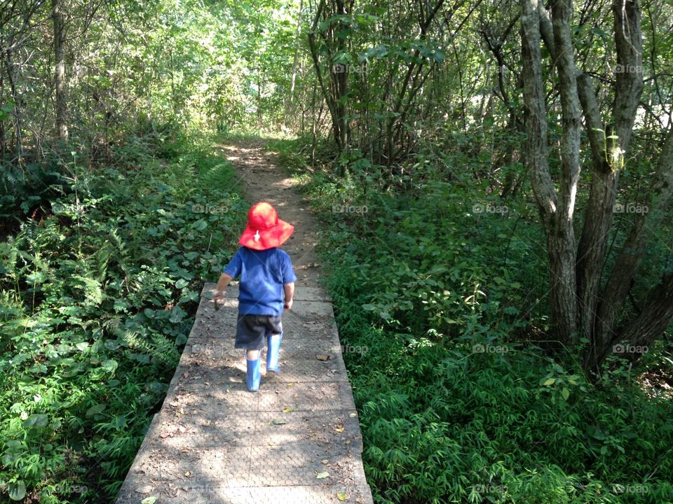 A young boy walking over a foot bridge in the woods, wearing a red hat and blue rain boots.