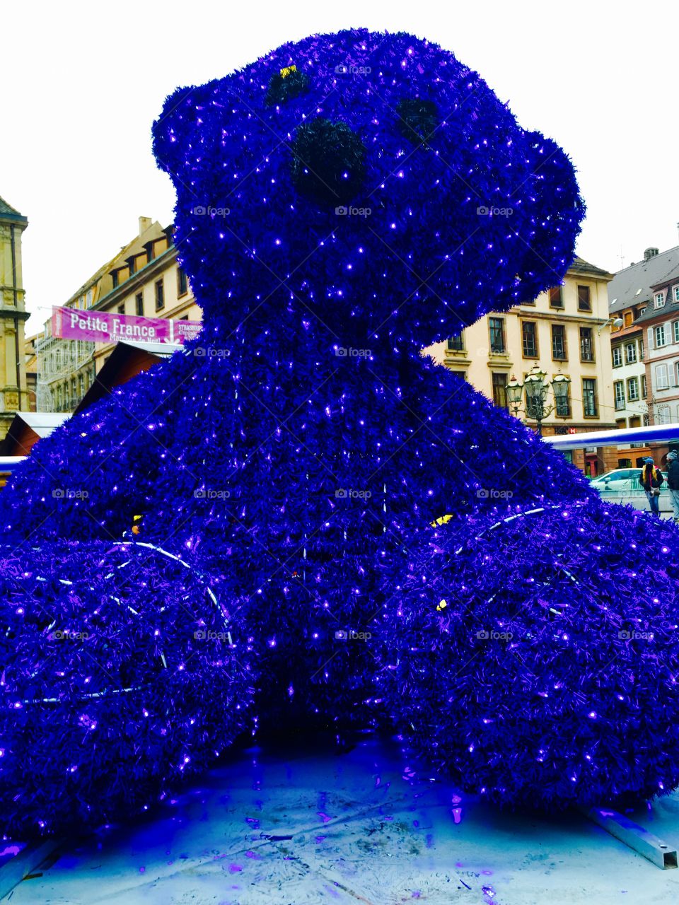 A Christmas decoration, electric blue bear.