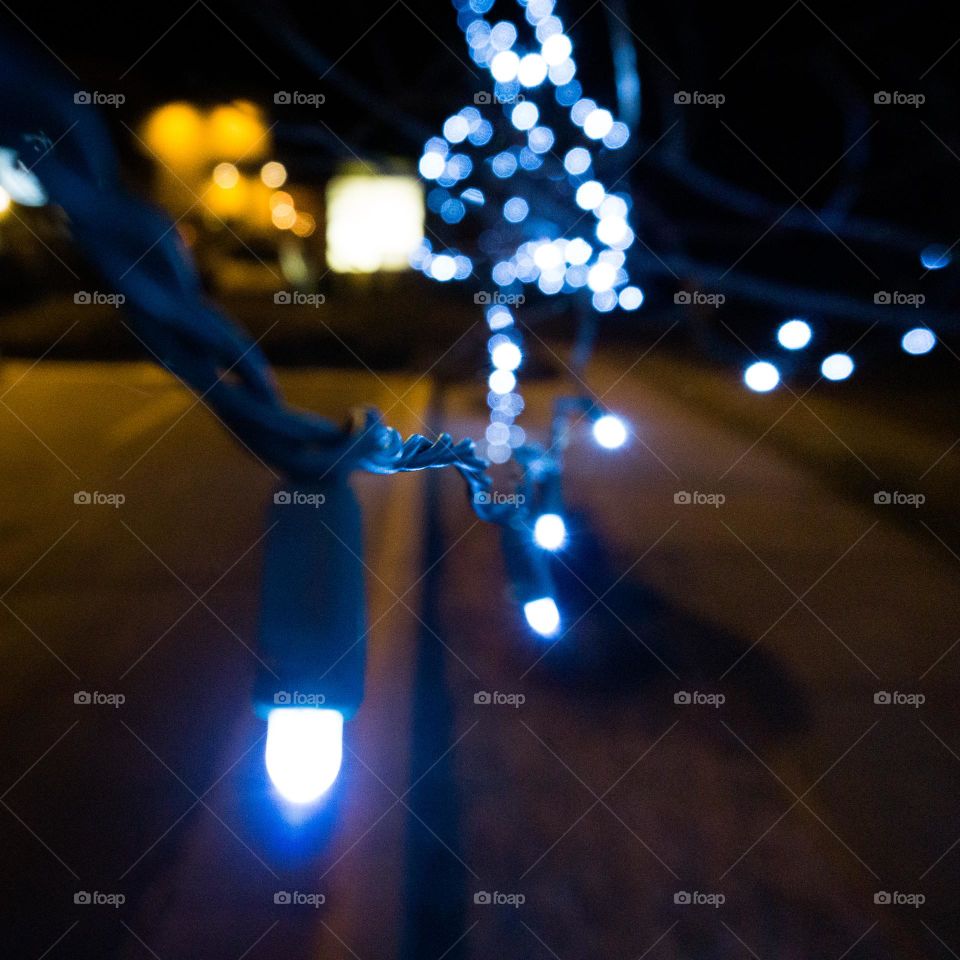 Closeup of blue Christmas lights