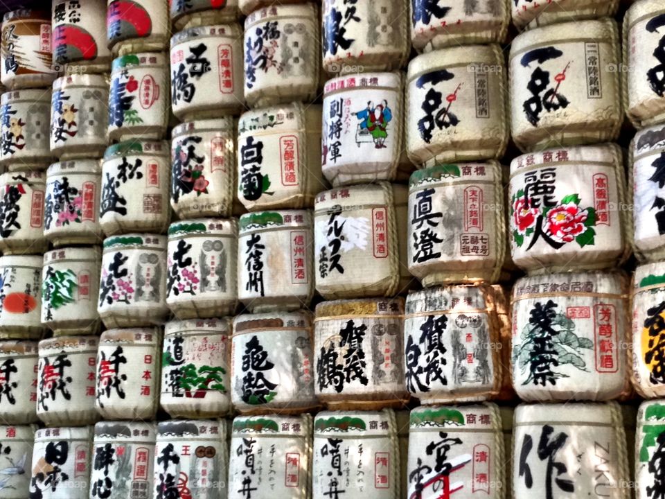 Sake barrels at Meiji Shrine in Harajuku Japan