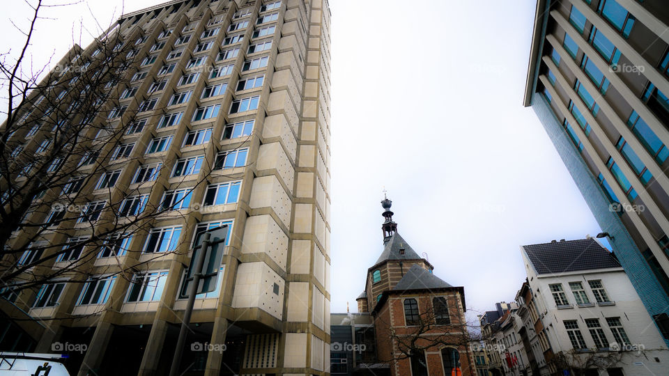 Old and modern buildings in Antwerp, Belgium.