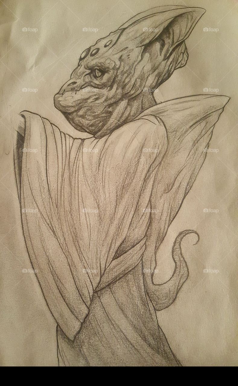 A drawing of a cloaked, humpback creature.