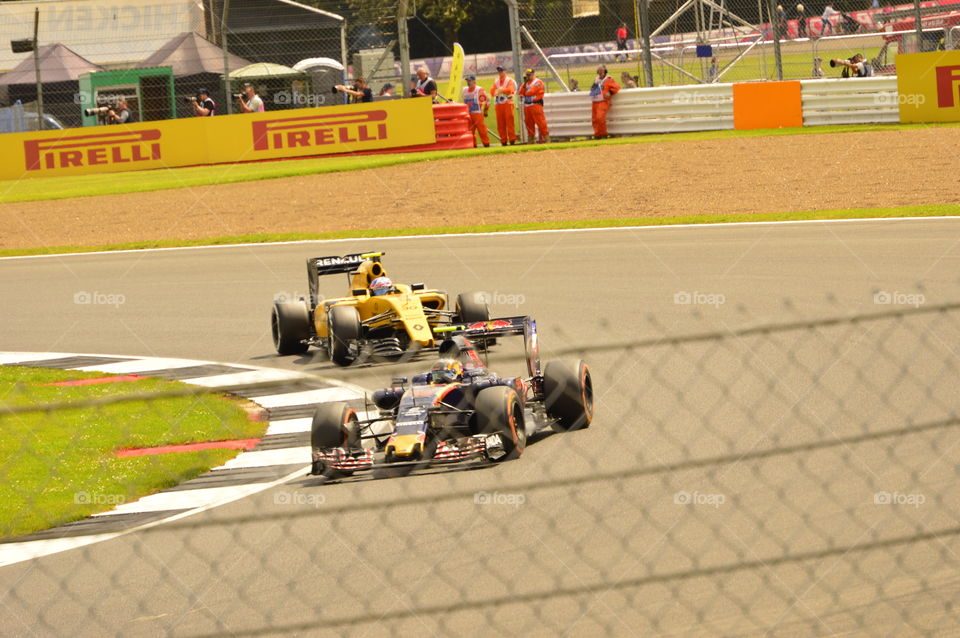 Renault and red bull f1 cars practice Friday British grand prix