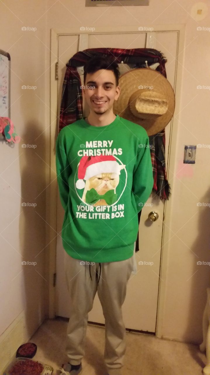 Ugly Christmas Sweater. "YOUR GIFT IS IN THE LITTER BOX"
