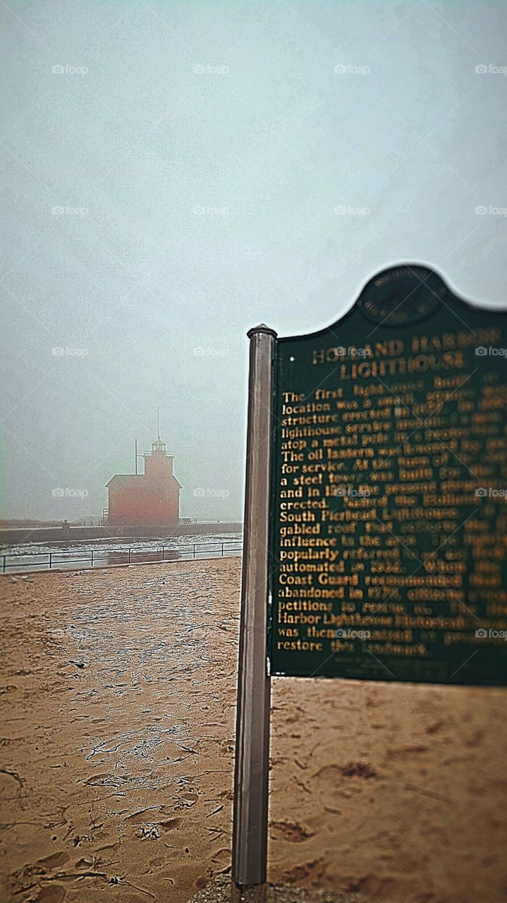 Foggy and Rainy During at the Holland Harbor Lighthouse, in Holland Michigan. January 23rd, 2017