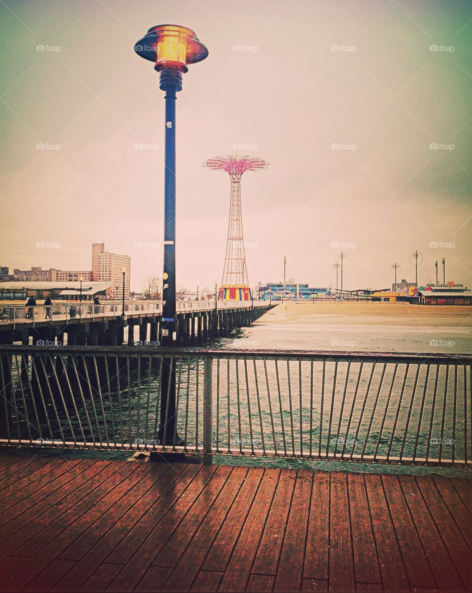 Coney Island Boardwalk on a rainy day.