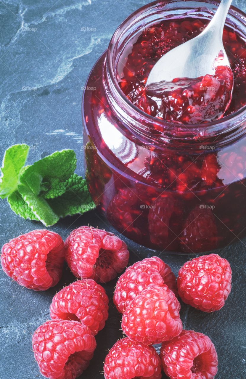 Pot of raspberry jam