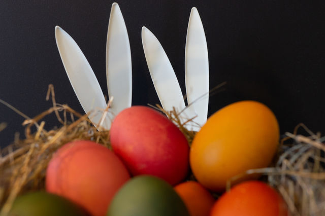 funny rabbit ears behind a nest with easter eggs