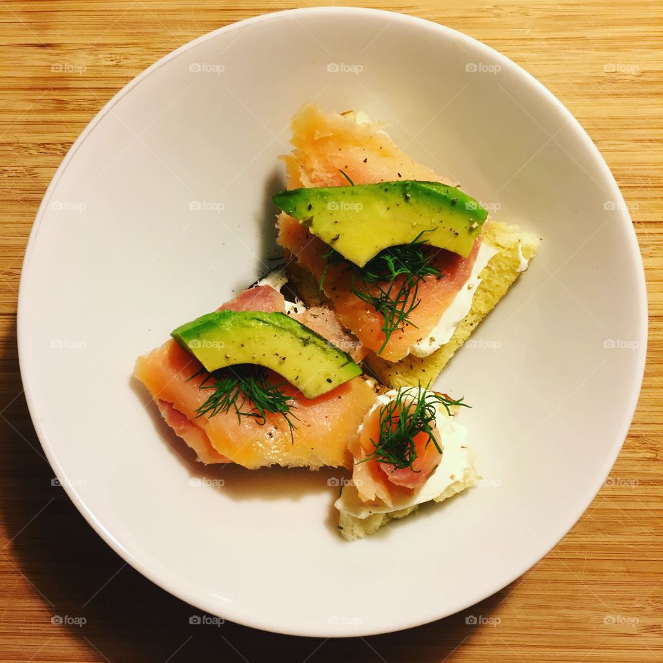 Smoked salmon with avocado. 