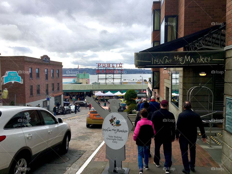 Pike Place Market with Elliot Bay in background 