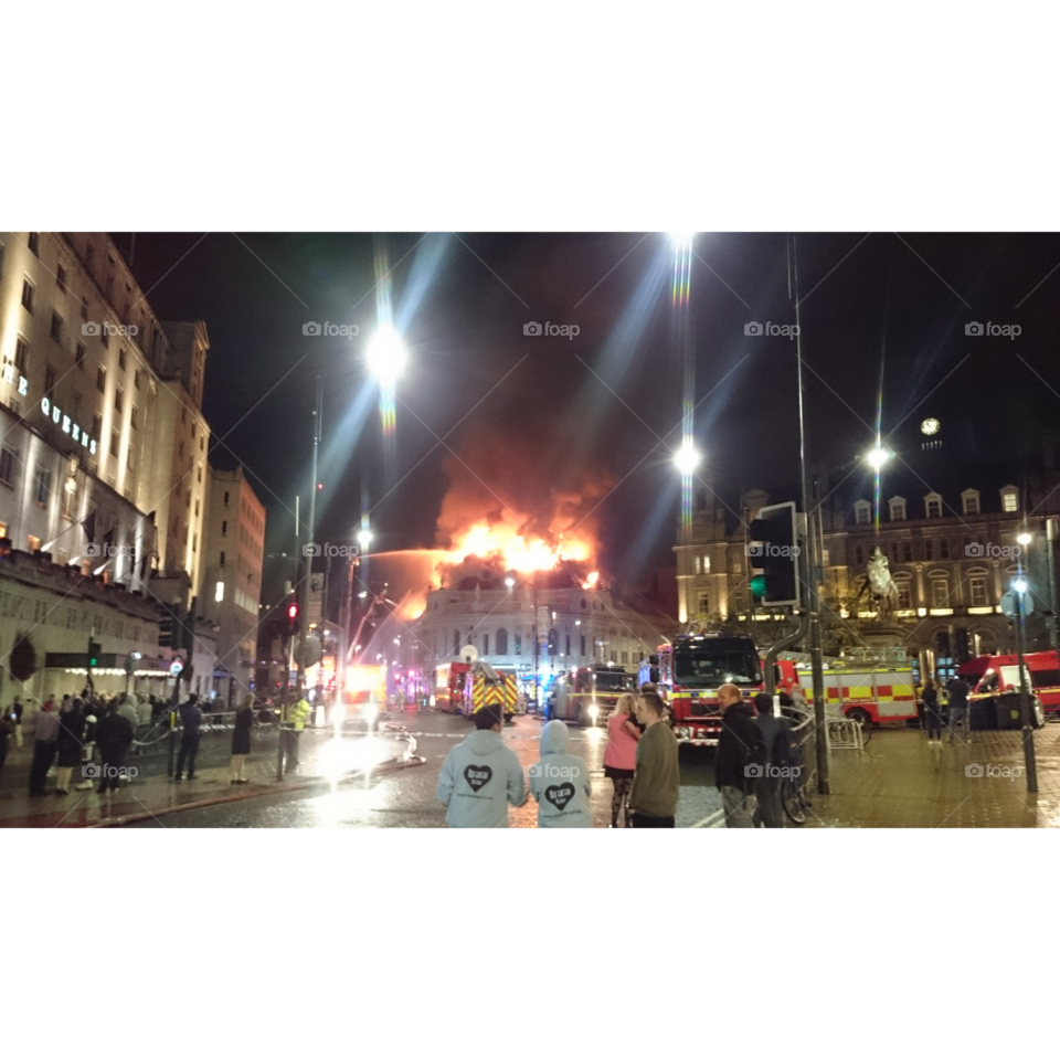 Fire in Leeds, UK. Big building set ablaze in Leeds as fire fighters attempt to extinguish the flames