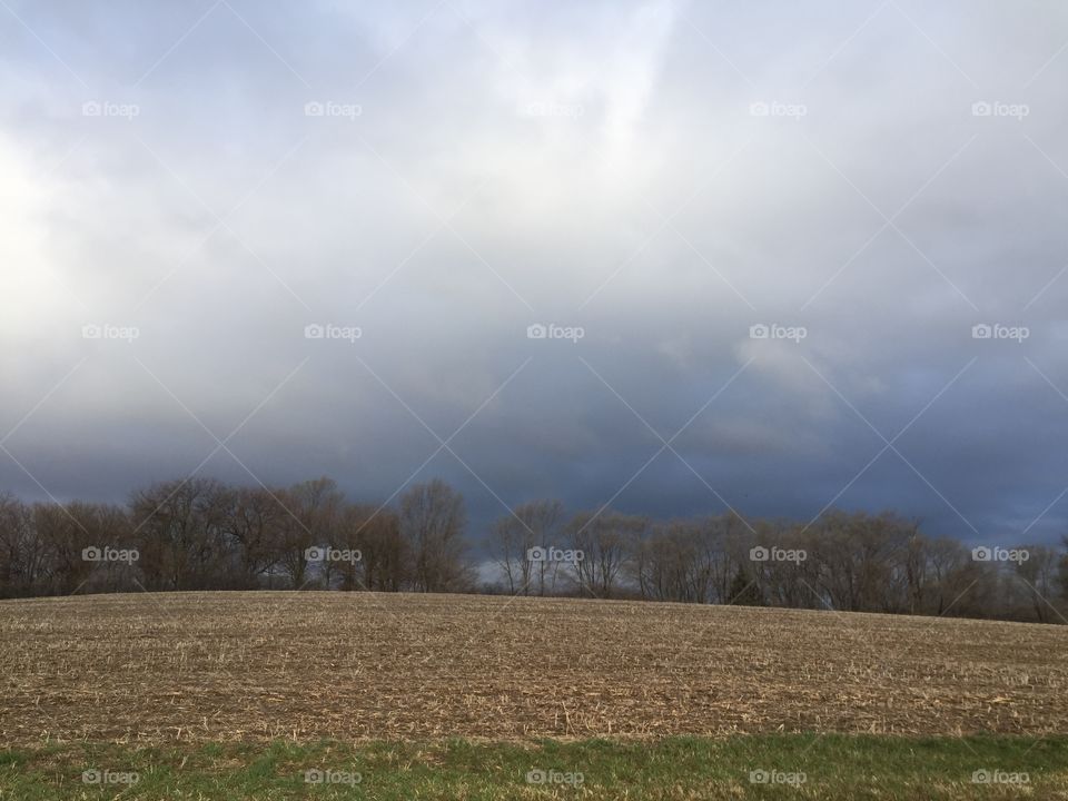 Storm clouds approaching over the horizon of a wooded rural area