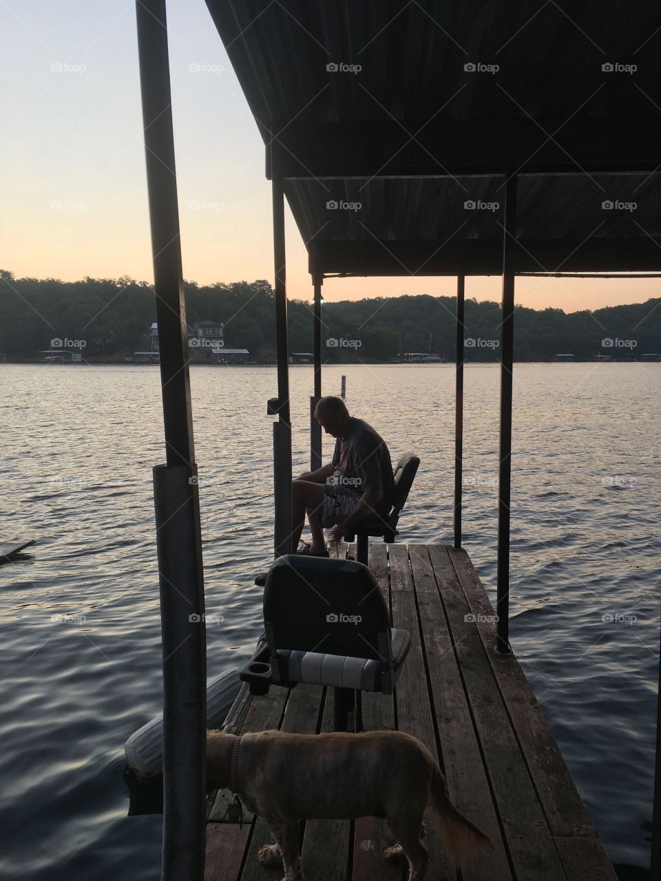 Man and dog fishing at dawn