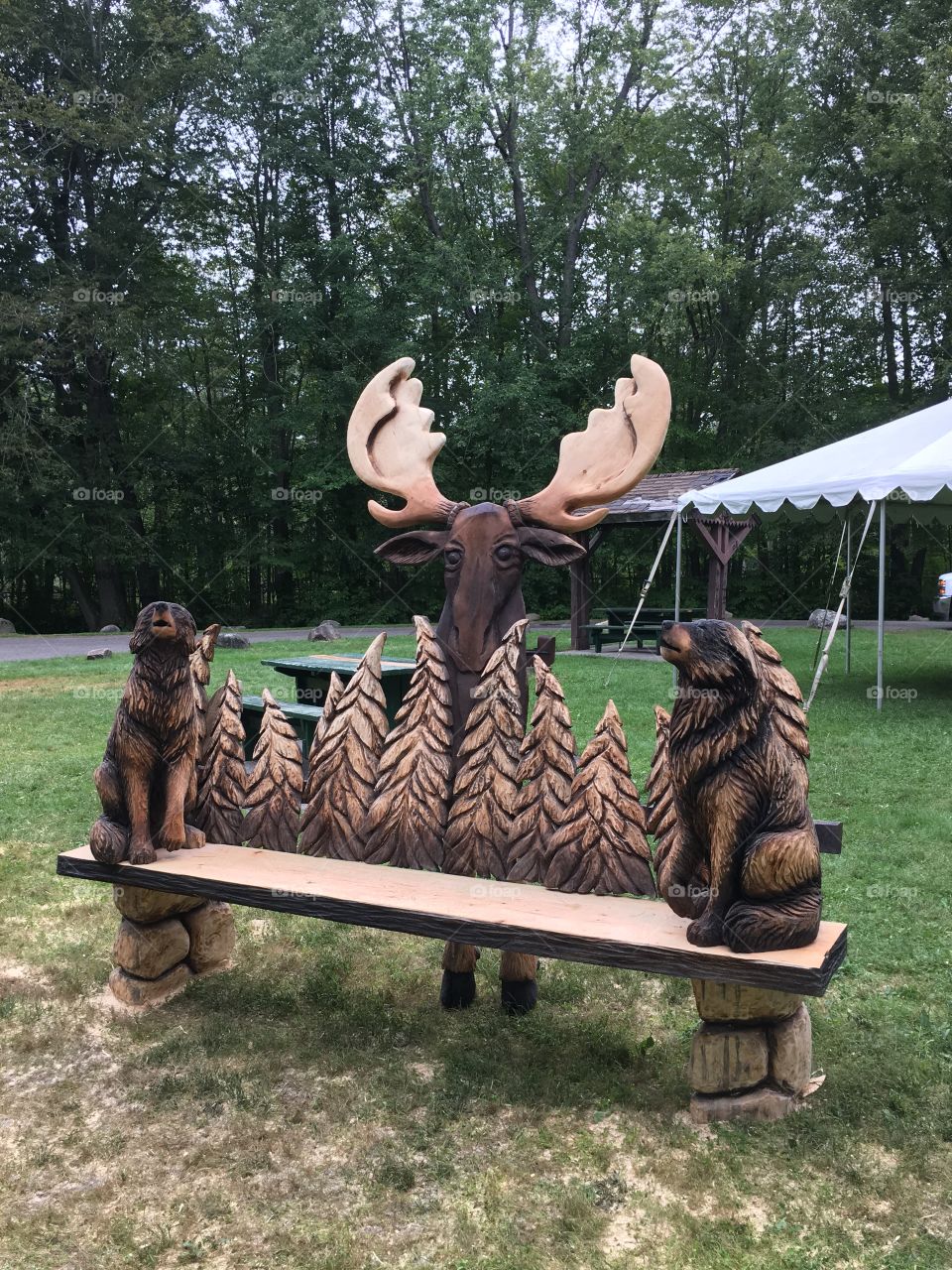 Beautiful bench carved and sculptures out of wood in Canada of a moose and wolves howling to the ancestors in the moons glow