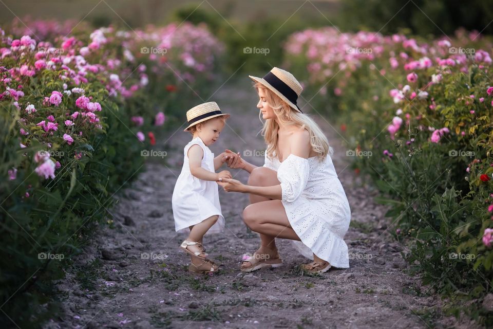 Mom and daughter on a pink roses field with bushes in white dresses with wicker hats. Rose bushes, pink rose, mother's day, daughter's day, family, 2 year old girl, young mother